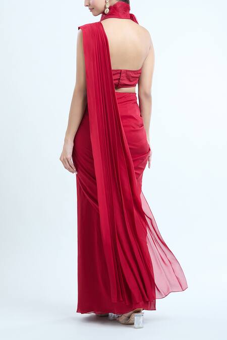 Buy Ridhima Bhasin Red Cotton, Silk Beads Open Neck, Embroidered Jacket And Pre-draped Saree Set Online at Aza Fashions Buy_Ridhima Bhasin_Red Cotton, Silk Beads Open Neck, Embroidered Jacket And Pre-draped Saree Set_Online_at_Aza_Fashions