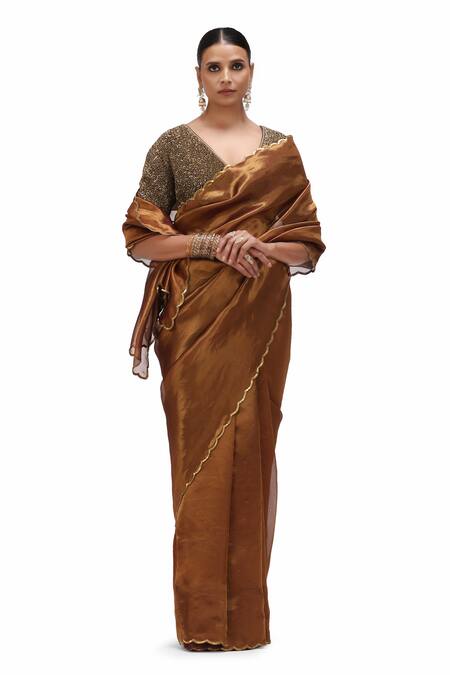 Mimamsaa_Brown Tissue Silk Woven Sequin Chandana Tikki Embellished Scallop Border Saree _at_Aza_Fashions