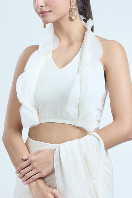 Buy_Ridhima Bhasin_White Chiffon Beads Open Neck, Embroidered Long Jacket And Pre-draped Saree Set