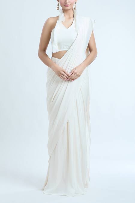 Shop_Ridhima Bhasin_White Chiffon Beads Open Neck, Embroidered Long Jacket And Pre-draped Saree Set_Online_at_Aza_Fashions