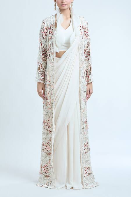 Buy_Ridhima Bhasin_White Chiffon Beads Open Neck, Embroidered Long Jacket And Pre-draped Saree Set_Online_at_Aza_Fashions