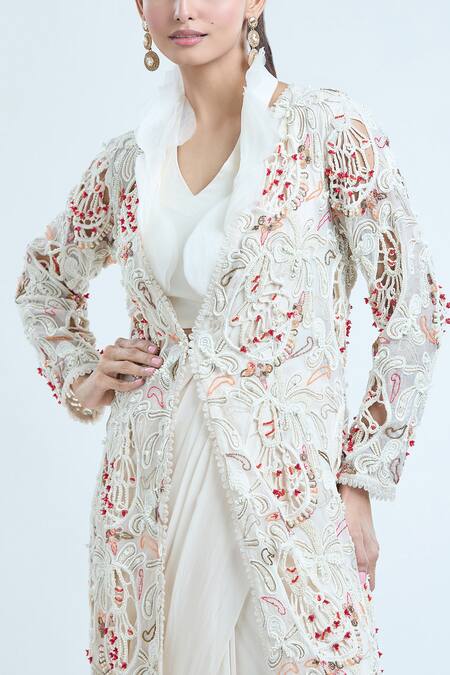 Ridhima Bhasin_White Chiffon Beads Open Neck, Embroidered Long Jacket And Pre-draped Saree Set_at_Aza_Fashions