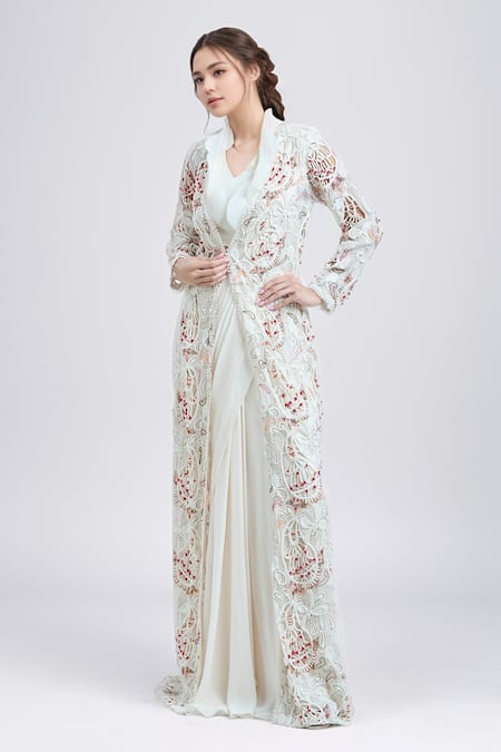 Ridhima Bhasin_White Chiffon Beads Open Neck, Embroidered Long Jacket And Pre-draped Saree Set_Online_at_Aza_Fashions