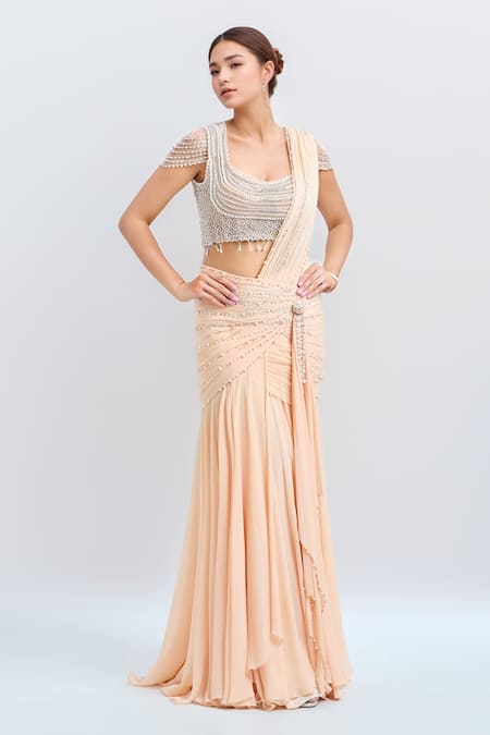 Tarun Tahiliani Peach Embroidered Pearl Scoop U Neck Pre-draped Saree With Blouse 