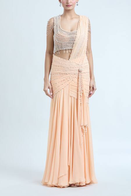 Buy_Tarun Tahiliani_Peach Chiffon Pearls Scoop Neck Embroidered Pre-draped Saree With Blouse_Online_at_Aza_Fashions