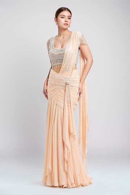 Tarun Tahiliani_Peach Chiffon Pearls Scoop Neck Embroidered Pre-draped Saree With Blouse_Online_at_Aza_Fashions
