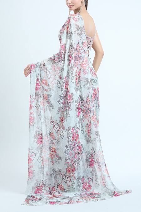 Shop Ridhima Bhasin Grey Chiffon Embroidery Scoop Neck Floral Print Saree With Blouse at Aza Fashions Shop_Ridhima Bhasin_Grey Chiffon Embroidery Scoop Neck Floral Print Saree With Blouse_at_Aza_Fashions