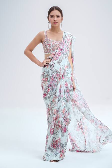 Ridhima Bhasin Grey Chiffon Embroidery Scoop Neck Floral Print Saree With Blouse Online at Aza Fashions Ridhima Bhasin_Grey Chiffon Embroidery Scoop Neck Floral Print Saree With Blouse_Online_at_Aza_Fashions