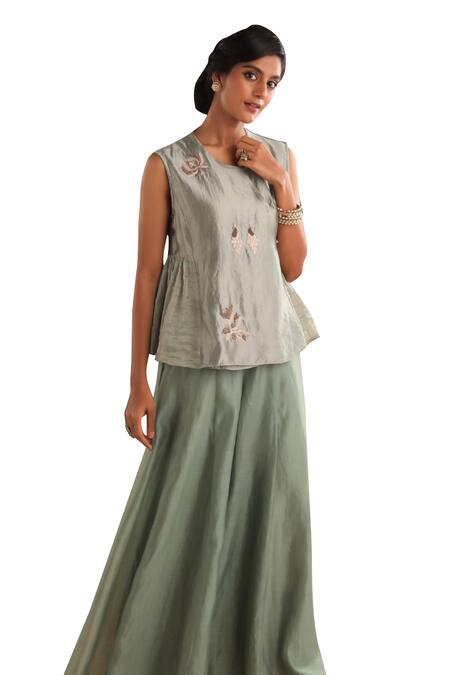 Shop Myoho Green Silk Embroidery V-neck Ethereal Mor Crest Angarkha Top With Palazzo Online at Aza Fashions Shop_Myoho_Green Silk Embroidery V-neck Ethereal Mor Crest Angarkha Top With Palazzo _Online_at_Aza_Fashions