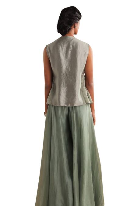 Myoho Green Silk Embroidery V-neck Ethereal Mor Crest Angarkha Top With Palazzo at Aza Fashions Myoho_Green Silk Embroidery V-neck Ethereal Mor Crest Angarkha Top With Palazzo _at_Aza_Fashions