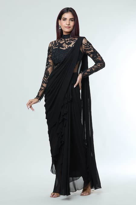 Vivek Patel_Black Georgette Sequins, Beads, Embroidery Resham Embellished Yoke Saree Gown _at_Aza_Fashions