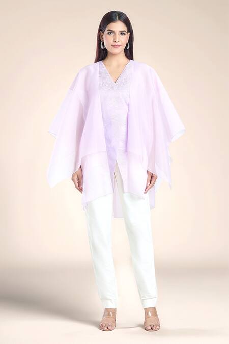 Buy Amit Aggarwal Purple Organza Embroidery V-neck Wavy Striped Embossed Pattern Kimono Top Buy_Amit Aggarwal_Purple Organza Embroidery V-neck Wavy Striped Embossed Pattern Kimono Top
