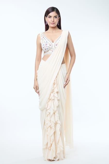 Vivek Patel Ivory Georgette Embellished Floral Ruffle Detailed Pre-draped Saree With Blouse 