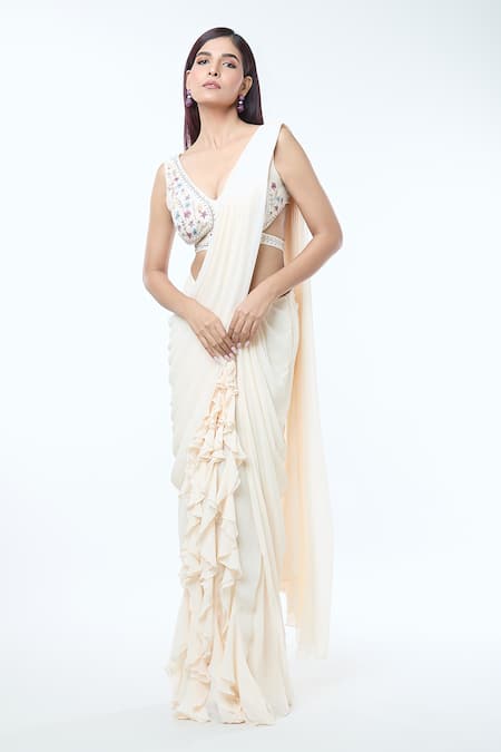 Vivek Patel_Ivory Georgette, Silk Embroidery, Ruffle Detailed Pre-draped Saree With Blouse _Online_at_Aza_Fashions