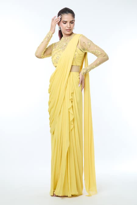 Vivek Patel Yellow Georgette Embellished 3d Flower Round Sheer Sleeves Saree Gown 