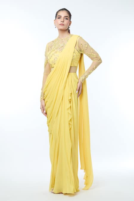 Buy_Vivek Patel_Yellow Georgette Beads, Sequins, Fabric Flowers Round Sheer Sleeves Saree Gown 