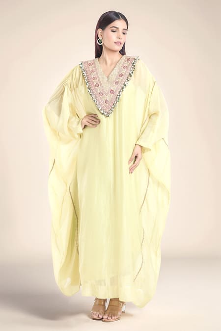 Anamika Khanna Yellow Silk Embellished Floral Kaftan V Neck Embroidered Yoke 