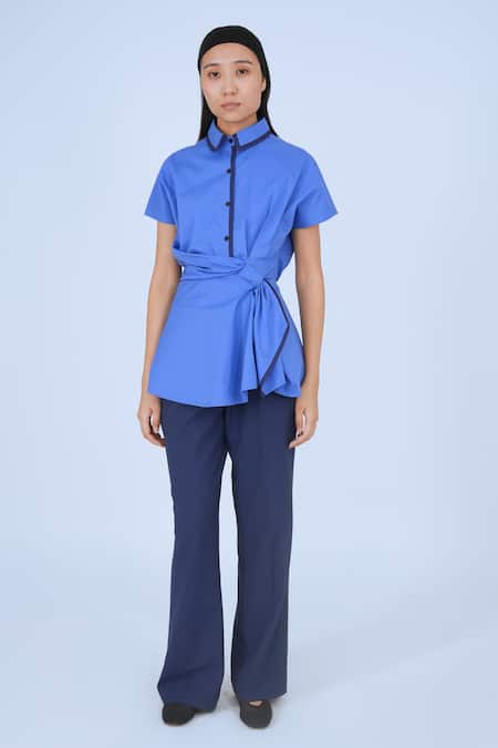 Leh Studios Blue Cotton Collared Asymmetrical Drape Top at Aza Fashions Leh Studios_Blue Cotton Collared Asymmetrical Drape Top _at_Aza_Fashions