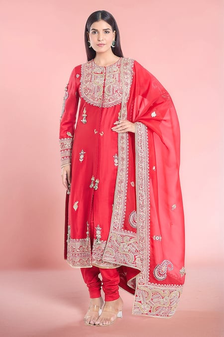 Anamika Khanna Red Embroidered Sequins Round Tassel Straight Kurta Set 