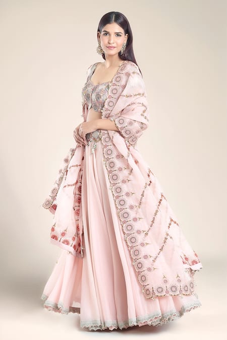 Anamika Khanna Pink Chiffon Embroidery, Diamonds Scoop Neck Blouse Lehenga Set at Aza Fashions Anamika Khanna_Pink Chiffon Embroidery, Diamonds Scoop Neck Blouse Lehenga Set_at_Aza_Fashions