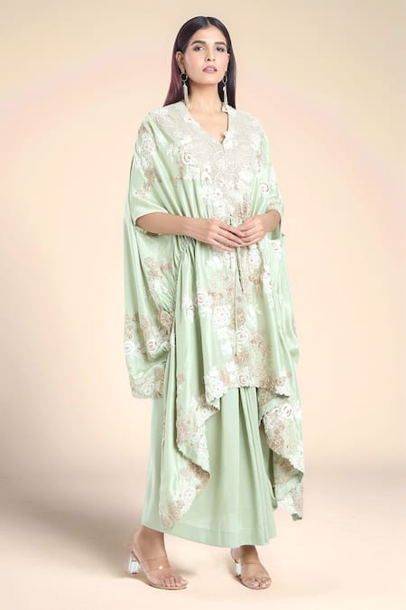 Anamika Khanna Green Embroidered Jaal Work V Neck Resham Kaftan And Skirt Set 