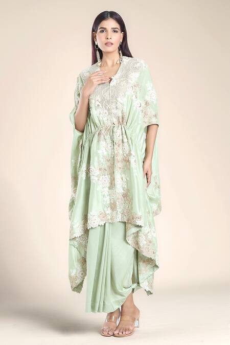 Buy Anamika Khanna Green Cotton Embroidery V-neck Resham Kaftan And Skirt Set Buy_Anamika Khanna_Green Cotton Embroidery V-neck Resham Kaftan And Skirt Set