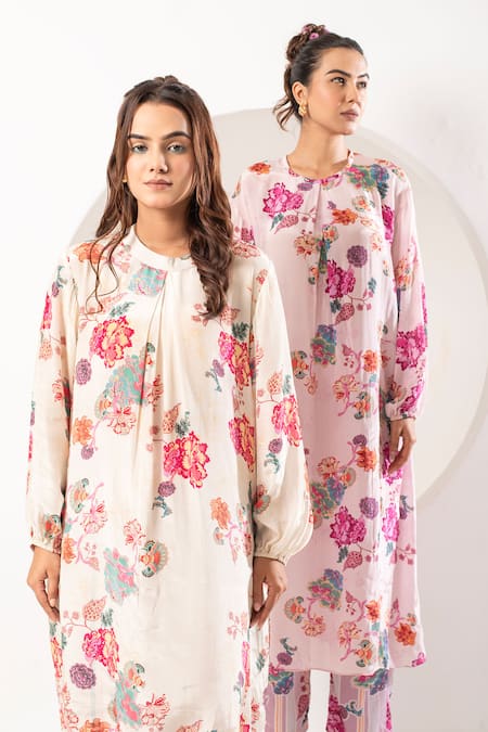 Buy Ekavira Ivory Crepe, Silk Embroidery Round Neck Mogra Print Front Pleat Kurta With Pant Online at Aza Fashions Buy_Ekavira_Ivory Crepe, Silk Embroidery Round Neck Mogra Print Front Pleat Kurta With Pant _Online_at_Aza_Fashions