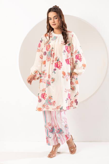 Shop Ekavira Ivory Crepe, Silk Embroidery Round Neck Mogra Print Front Pleat Kurta With Pant Online at Aza Fashions Shop_Ekavira_Ivory Crepe, Silk Embroidery Round Neck Mogra Print Front Pleat Kurta With Pant _Online_at_Aza_Fashions
