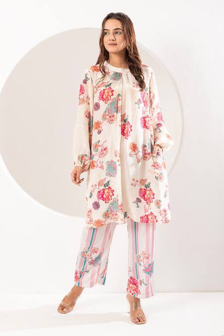 Ekavira Ivory Crepe, Silk Embroidery Round Neck Mogra Print Front Pleat Kurta With Pant at Aza Fashions Ekavira_Ivory Crepe, Silk Embroidery Round Neck Mogra Print Front Pleat Kurta With Pant _at_Aza_Fashions