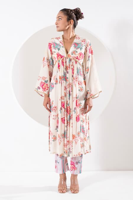 Shop Ekavira Ivory Crepe, Silk Embroidery, Lace Madhubala Floral Vine Print Kurta Pant Set at Aza Fashions Shop_Ekavira_Ivory Crepe, Silk Embroidery, Lace Madhubala Floral Vine Print Kurta Pant Set _at_Aza_Fashions