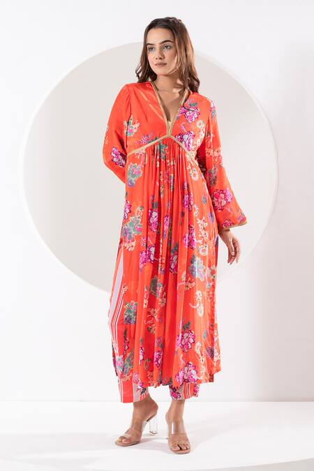 Shop_Ekavira_Orange Crepe, Silk Lace, Embroidery V-neck Madhubala Vine Print Kurta Pant Set _Online_at_Aza_Fashions