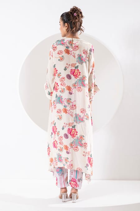 Shop Ekavira Ivory Crepe, Silk Round Neck Rukhmani Printed Asymmetric Kaftan With Pant at Aza Fashions Shop_Ekavira_Ivory Crepe, Silk Round Neck Rukhmani Printed Asymmetric Kaftan With Pant _at_Aza_Fashions