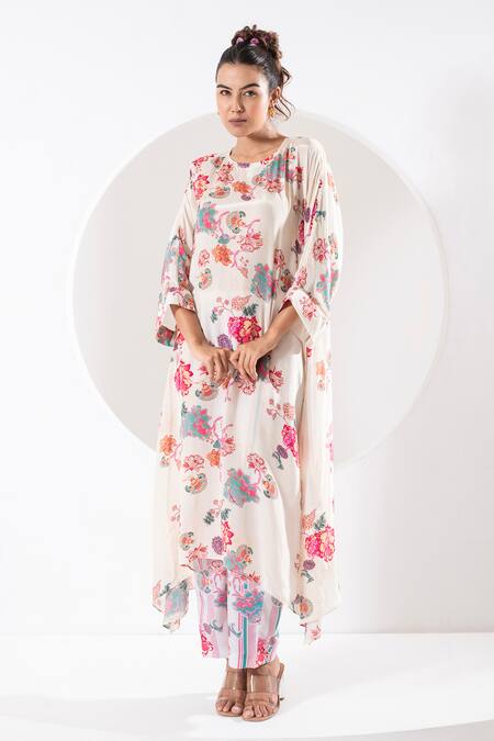 Shop Ekavira Ivory Crepe, Silk Round Neck Rukhmani Printed Asymmetric Kaftan With Pant Online at Aza Fashions Shop_Ekavira_Ivory Crepe, Silk Round Neck Rukhmani Printed Asymmetric Kaftan With Pant _Online_at_Aza_Fashions