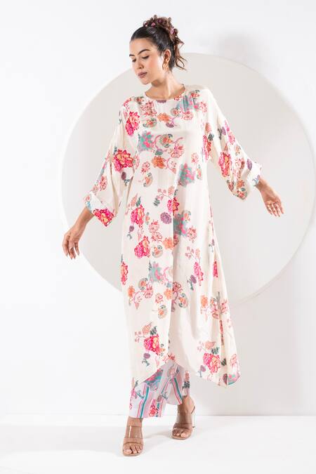 Buy Ekavira Ivory Crepe, Silk Round Neck Rukhmani Printed Asymmetric Kaftan With Pant Buy_Ekavira_Ivory Crepe, Silk Round Neck Rukhmani Printed Asymmetric Kaftan With Pant