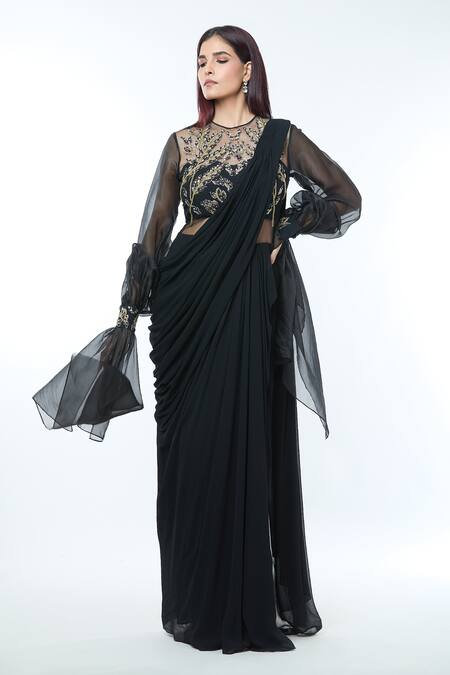 Vivek Patel_Black Georgette, Silk Organza Beads, Cut Flared Sleeve Embellished Saree Gown _at_Aza_Fashions
