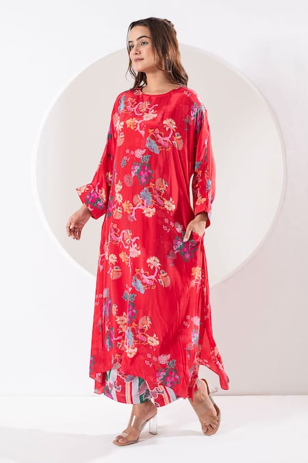 Ekavira Red Crepe Silk Printed Botanic Round Rukhmani Asymmetric Kaftan With Pant 