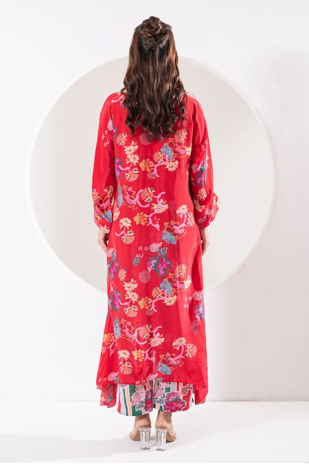 Shop Ekavira Red Crepe, Silk Round Neck Rukhmani Asymmetric Printed Kaftan With Pant at Aza Fashions Shop_Ekavira_Red Crepe, Silk Round Neck Rukhmani Asymmetric Printed Kaftan With Pant _at_Aza_Fashions