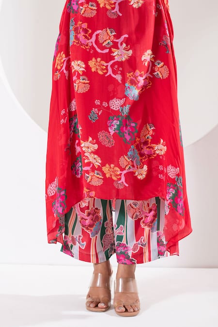 Buy Ekavira Red Crepe, Silk Round Neck Rukhmani Asymmetric Printed Kaftan With Pant Online at Aza Fashions Buy_Ekavira_Red Crepe, Silk Round Neck Rukhmani Asymmetric Printed Kaftan With Pant _Online_at_Aza_Fashions