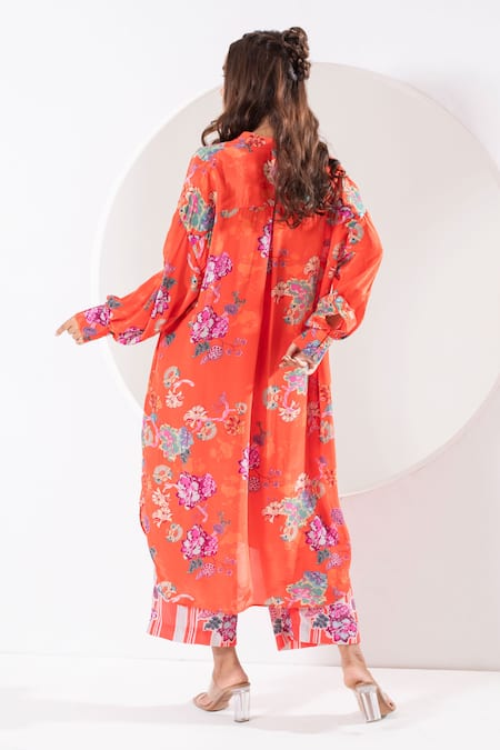 Shop Ekavira Orange Crepe, Silk Embroidery Mandarin Kanak High Low Printed Kurta With Pant at Aza Fashions Shop_Ekavira_Orange Crepe, Silk Embroidery Mandarin Kanak High Low Printed Kurta With Pant _at_Aza_Fashions