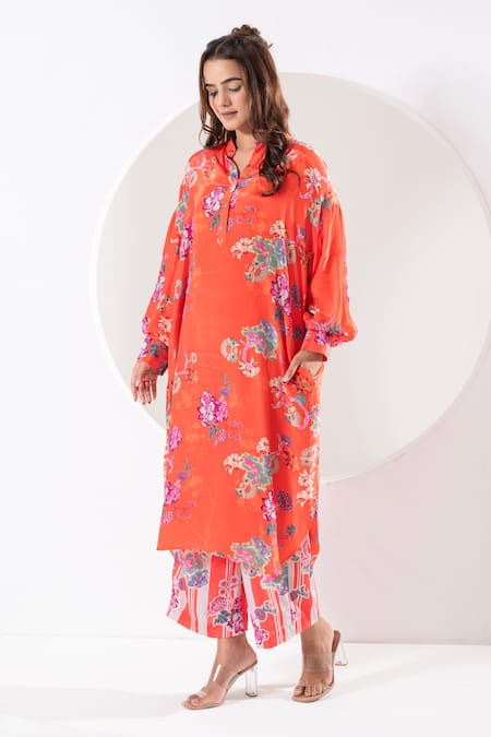 Ekavira Orange Crepe, Silk Embroidery Mandarin Kanak High Low Printed Kurta With Pant Online at Aza Fashions Ekavira_Orange Crepe, Silk Embroidery Mandarin Kanak High Low Printed Kurta With Pant _Online_at_Aza_Fashions