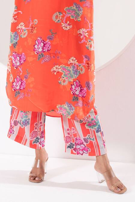 Buy Ekavira Orange Crepe, Silk Embroidery Mandarin Kanak High Low Printed Kurta With Pant Online at Aza Fashions Buy_Ekavira_Orange Crepe, Silk Embroidery Mandarin Kanak High Low Printed Kurta With Pant _Online_at_Aza_Fashions