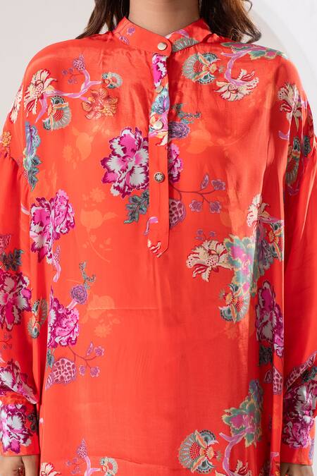 Shop Ekavira Orange Crepe, Silk Embroidery Mandarin Kanak High Low Printed Kurta With Pant Online at Aza Fashions Shop_Ekavira_Orange Crepe, Silk Embroidery Mandarin Kanak High Low Printed Kurta With Pant _Online_at_Aza_Fashions