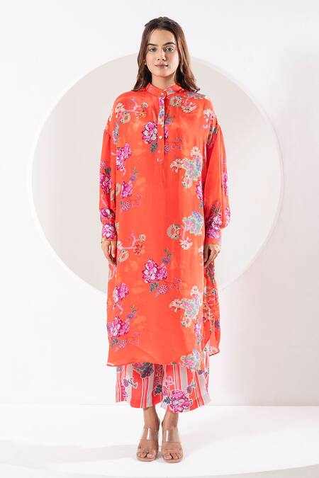 Ekavira Orange Crepe, Silk Embroidery Mandarin Kanak High Low Printed Kurta With Pant at Aza Fashions Ekavira_Orange Crepe, Silk Embroidery Mandarin Kanak High Low Printed Kurta With Pant _at_Aza_Fashions