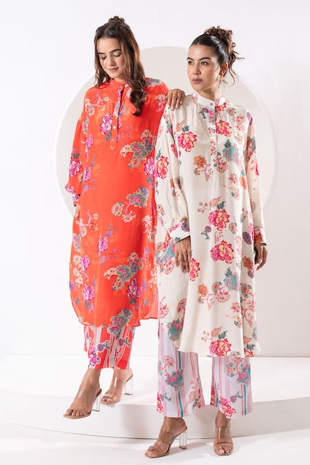 Ekavira Ivory Crepe, Silk Embroidery Kanak Floral Print High Low Kurta With Pant Online at Aza Fashions Ekavira_Ivory Crepe, Silk Embroidery Kanak Floral Print High Low Kurta With Pant _Online_at_Aza_Fashions