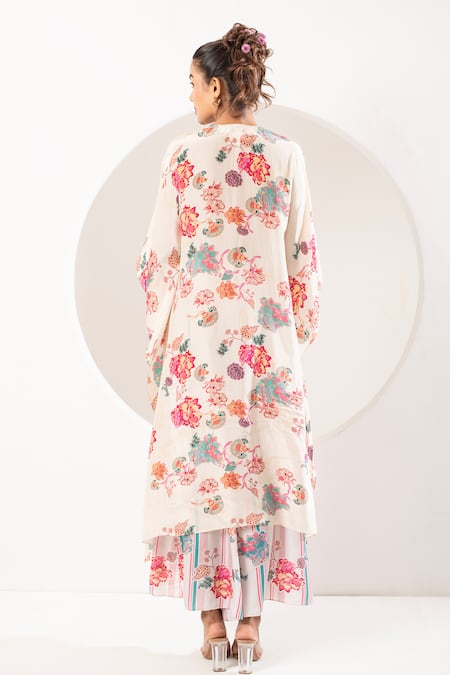 Shop Ekavira Ivory Crepe, Silk Embroidery Sawani Mughal Print Kaftan With Wrapped Palazzo at Aza Fashions Shop_Ekavira_Ivory Crepe, Silk Embroidery Sawani Mughal Print Kaftan With Wrapped Palazzo _at_Aza_Fashions
