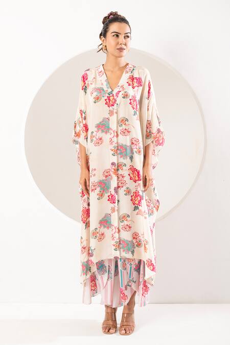 Ekavira Ivory Crepe, Silk Embroidery Sawani Mughal Print Kaftan With Wrapped Palazzo Online at Aza Fashions Ekavira_Ivory Crepe, Silk Embroidery Sawani Mughal Print Kaftan With Wrapped Palazzo _Online_at_Aza_Fashions