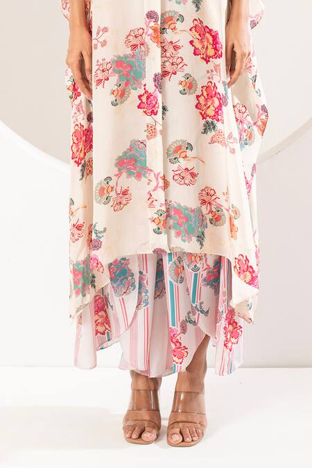 Shop Ekavira Ivory Crepe, Silk Embroidery Sawani Mughal Print Kaftan With Wrapped Palazzo Online at Aza Fashions Shop_Ekavira_Ivory Crepe, Silk Embroidery Sawani Mughal Print Kaftan With Wrapped Palazzo _Online_at_Aza_Fashions