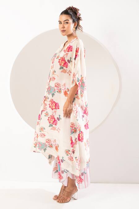 Ekavira Ivory Crepe, Silk Embroidery Sawani Mughal Print Kaftan With Wrapped Palazzo at Aza Fashions Ekavira_Ivory Crepe, Silk Embroidery Sawani Mughal Print Kaftan With Wrapped Palazzo _at_Aza_Fashions