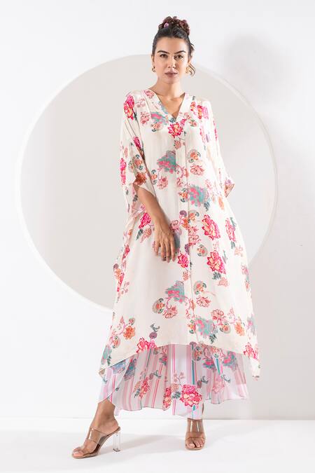 Shop Ekavira Ivory Crepe, Silk Embroidery Sawani Mughal Print Kaftan With Wrapped Palazzo Shop_Ekavira_Ivory Crepe, Silk Embroidery Sawani Mughal Print Kaftan With Wrapped Palazzo