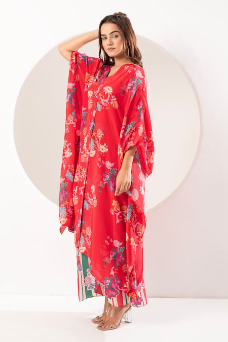Ekavira_Red Crepe, Silk V-neck Sawani Floral Print Kaftan With Wrapped Palazzo _Online_at_Aza_Fashions